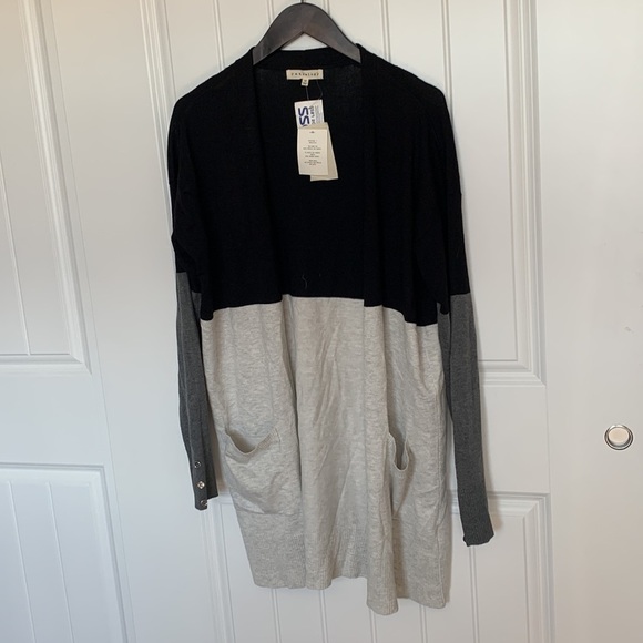 Retrology NWT Women Color Block Open Front Long Knit Cardigan Pockets Sz M Grey - Picture 2 of 12